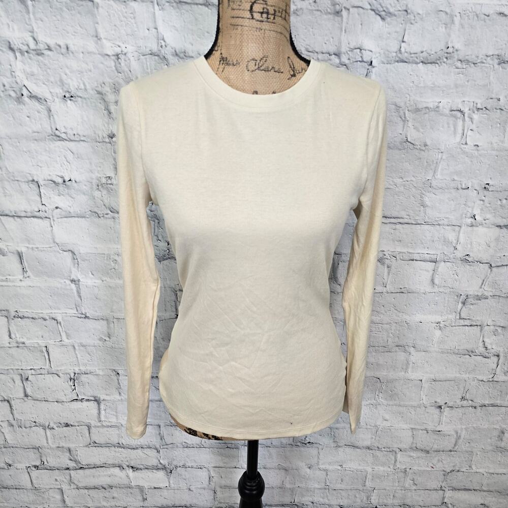 A new day long sleeve ribbed basic top Sz L beige scoop neck beige